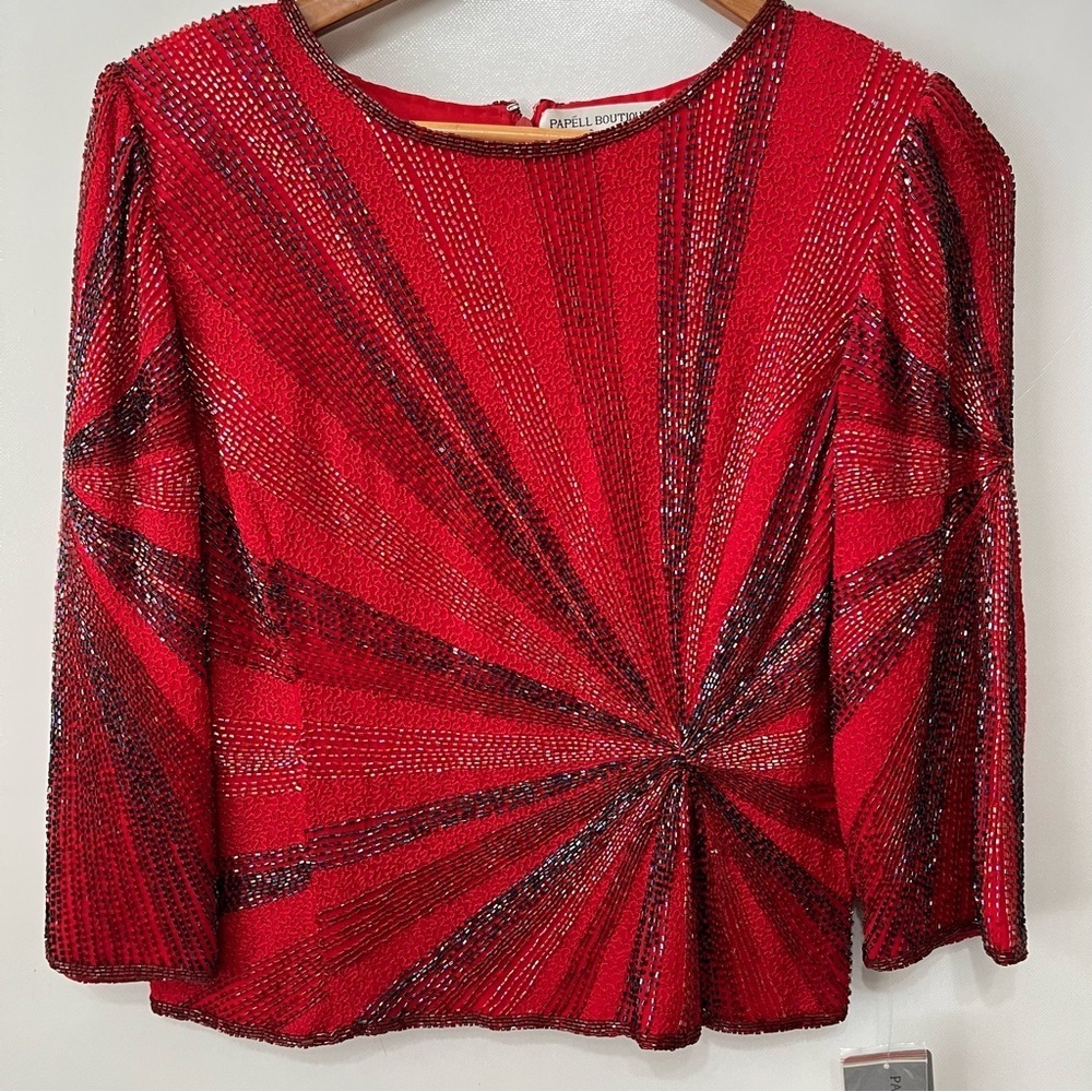 Vintage Papell Boutique Evening Red 100% Silk Beaded Top NWT